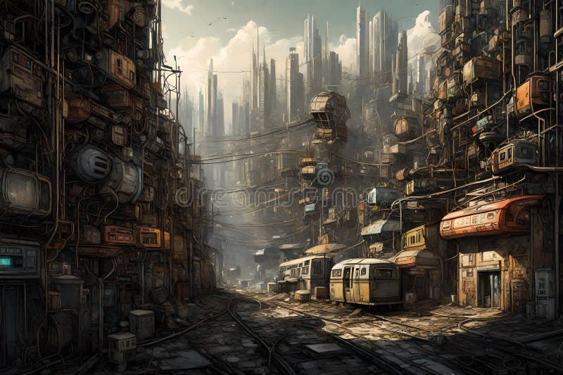 Futuristic line art illustration of a city featuring hydrogen power plants and other advanced technologies stock illustration