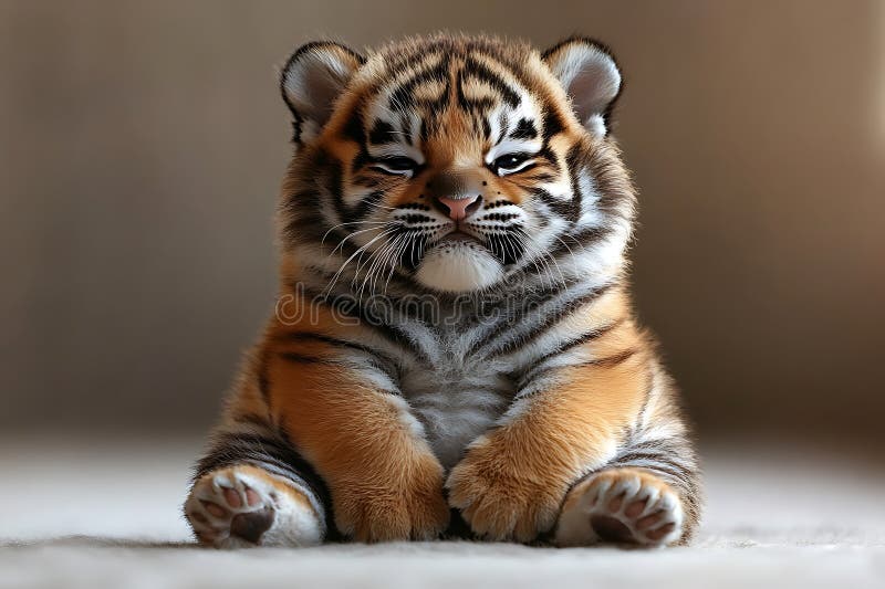 Portrait of a Cute Chubby Fluffy Baby Tiger Sitting stock illustration