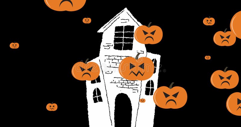 Image of haunted house over falling pumpkins on dark background stock illustration