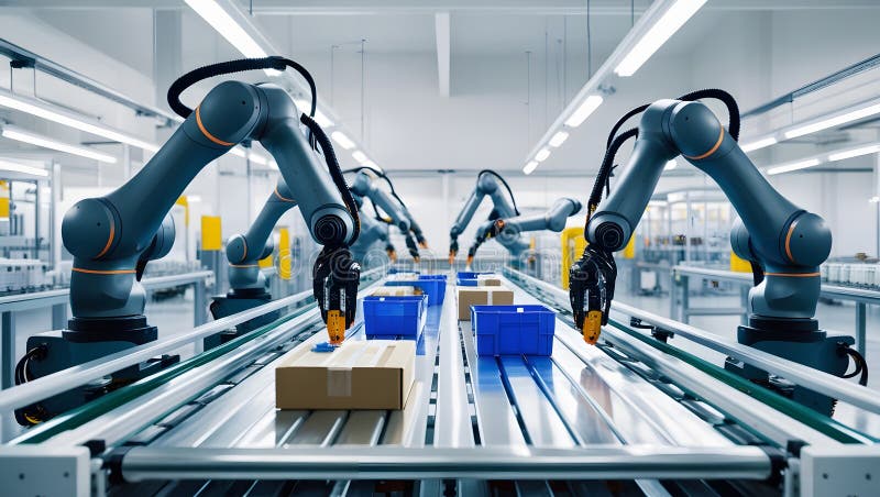 Image of a high tech factory with robotic arms assembling products on a conveyor belt vector illustration