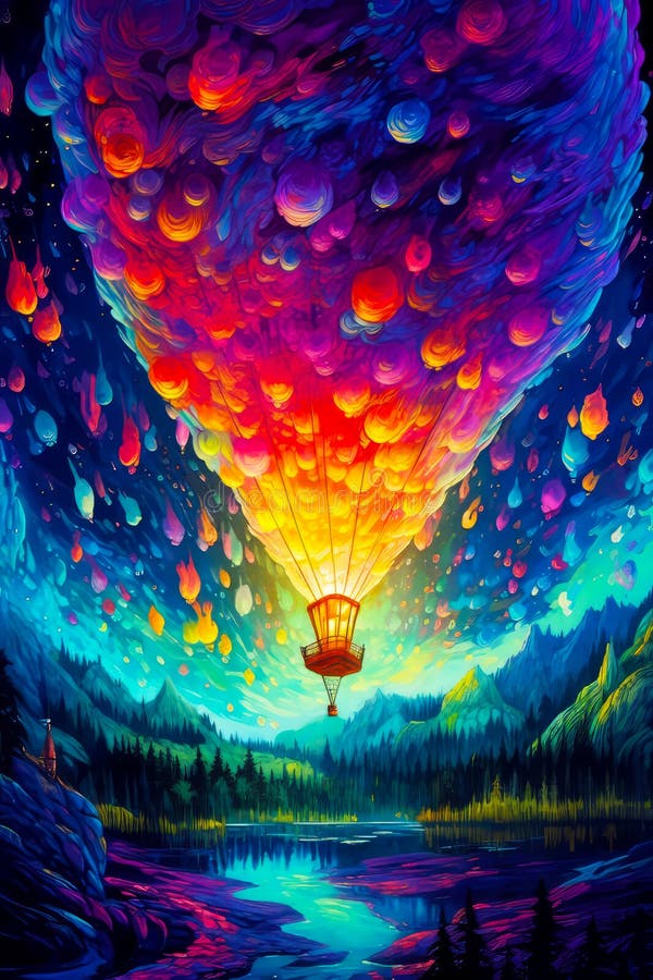 Image of Hot Air Balloon Floating in the Sky Over Forest. Generative AI