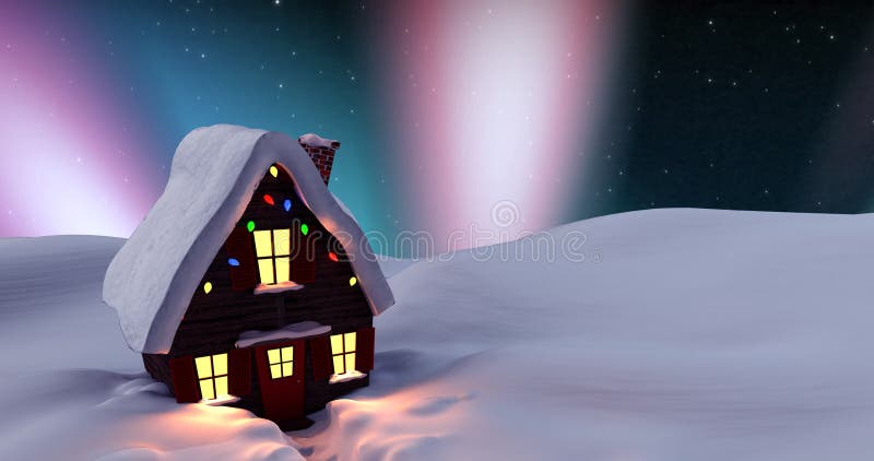 Image of house at christmas over aurora and winter scenery stock illustration