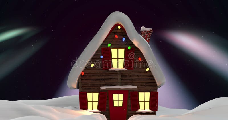 Image of house at christmas over aurora vector illustration