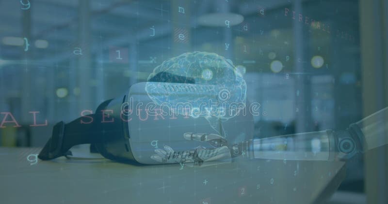 Image of human brain, cyber attack warning over robot\'s arm and vr headset in background royalty free stock image