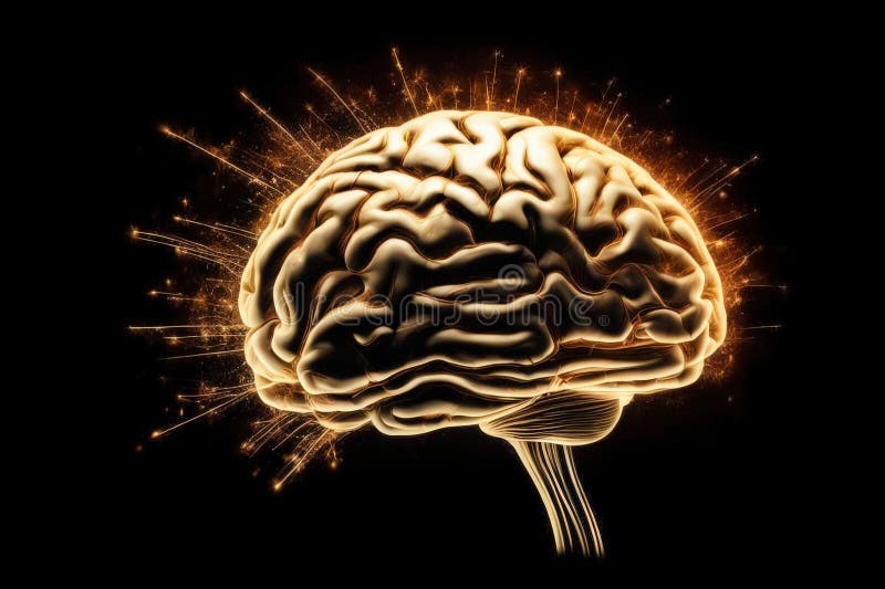 Image of human brain glowing model on black background. Symbolic representation of thought process. Copy space vector illustration