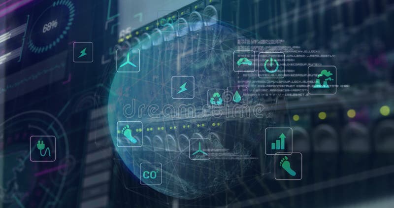 Image of icons, computer language, connected lines over globe against back panel of server rack vector illustration