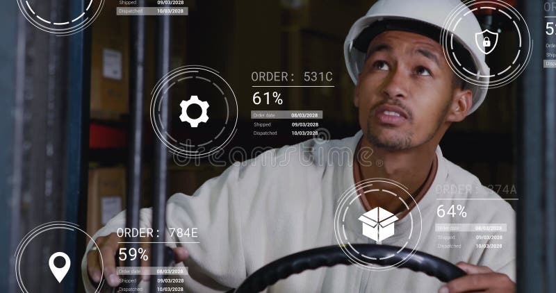 Image of icons with data processing over biracial male worker using lift truck in warehouse. Global delivery, shipping and retail concept digitally generated image.