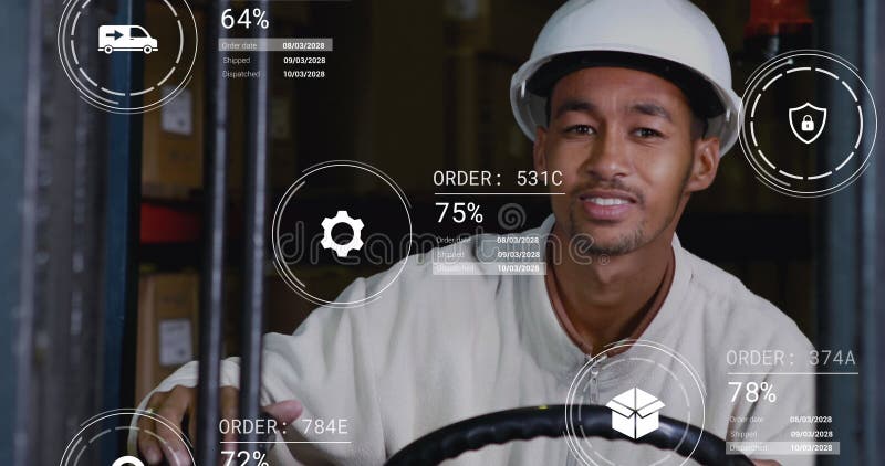 Image of icons with data processing over biracial male worker using lift truck in warehouse. Global delivery, shipping and retail concept digitally generated image.