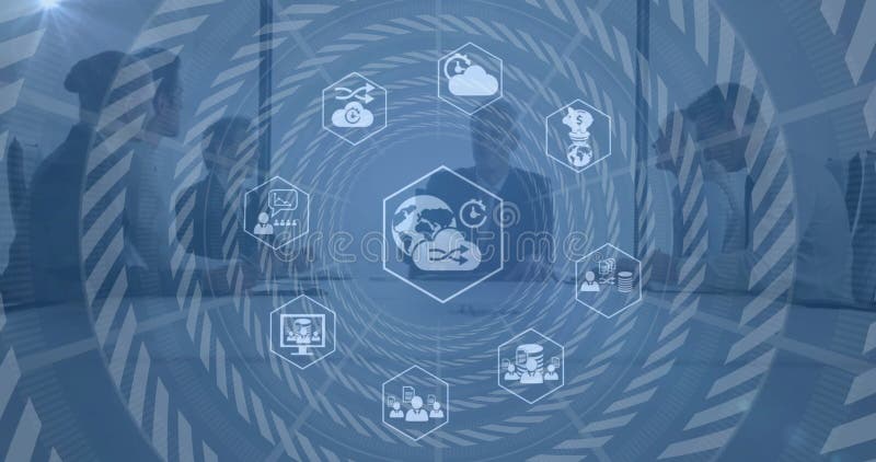 Image of icons and data processing over diverse business people in office stock image