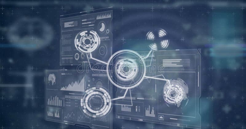 Image of icons, diverse data and glitch over digital screens royalty free stock image