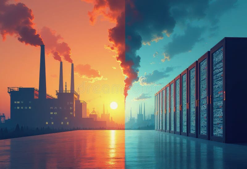 This image illustrates the contrast between traditional industry and modern technology. The left side depicts an industrial landscape with factories and smokestacks against a warm, orange sunset sky. The right side shows a row of modern data centers or server rooms under a cool, blue sky. The division is marked by a stark contrast in color and atmosphere, symbolizing the transition from the industrial age to the digital era. Code division stock images, royalty-free photos and pictures