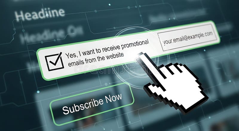 This image illustrates the digital process of opting in to receive promotional emails on a website. A 3D pixelated mouse cursor is shown interacting with a form containing a checked consent box and an email input field, highlighting user agreement to marketing communication. This visual emphasizes concepts like privacy regulations, GDPR compliance, and email list building strategies. Rendered by. User consent illustrations