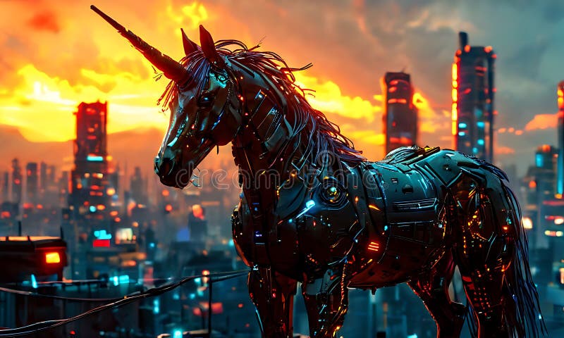 A neon cyberpunk unicorn with glowing circuit patterns on its body. stock illustration