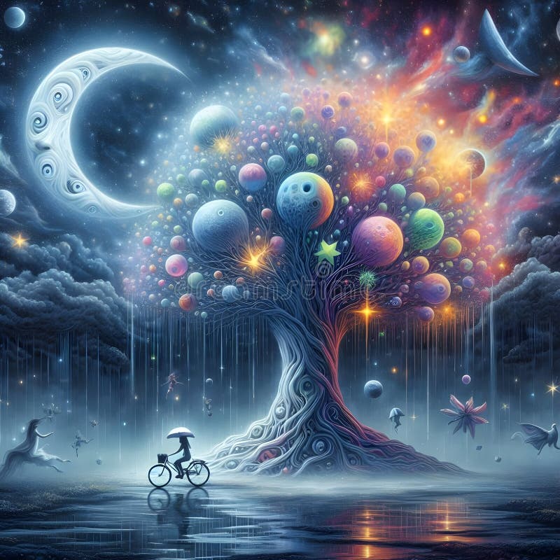 Image of an imaginary moon,stars and celestial tree of life in a negative space with someone cycling. stock illustration