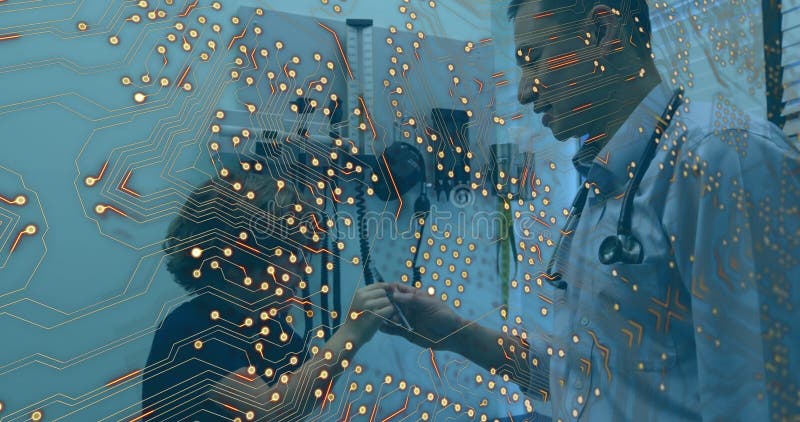Image of integrated circuit over diverse male doctor and boy royalty free stock photo