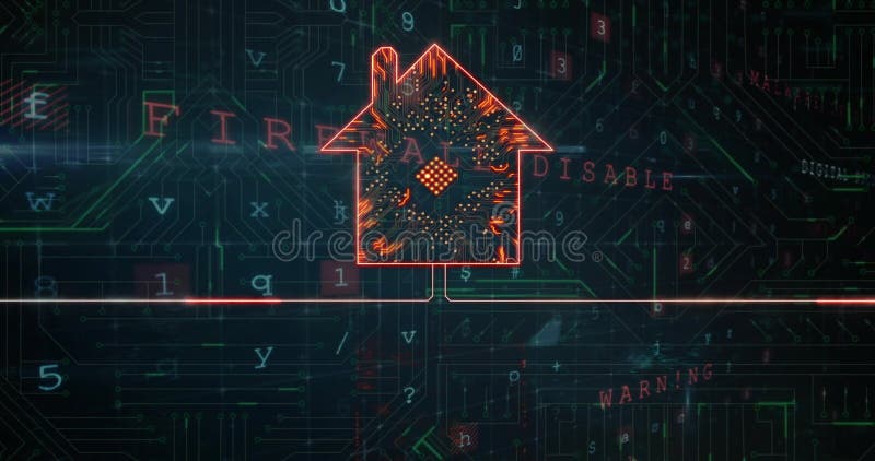 Image of intelligent home and data processing over virus warning text royalty free stock images