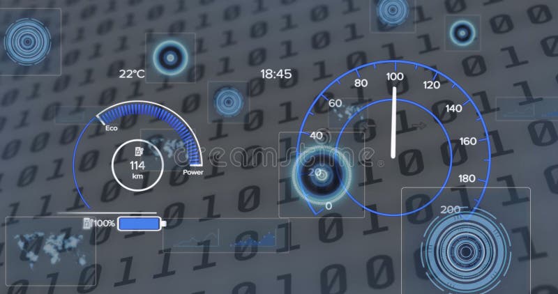 Image of interface with charging battery icon and speedometer over binary coding vector illustration