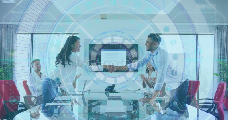 Image of interface showing circular scope with business people shaking hands at a meeting stock illustration