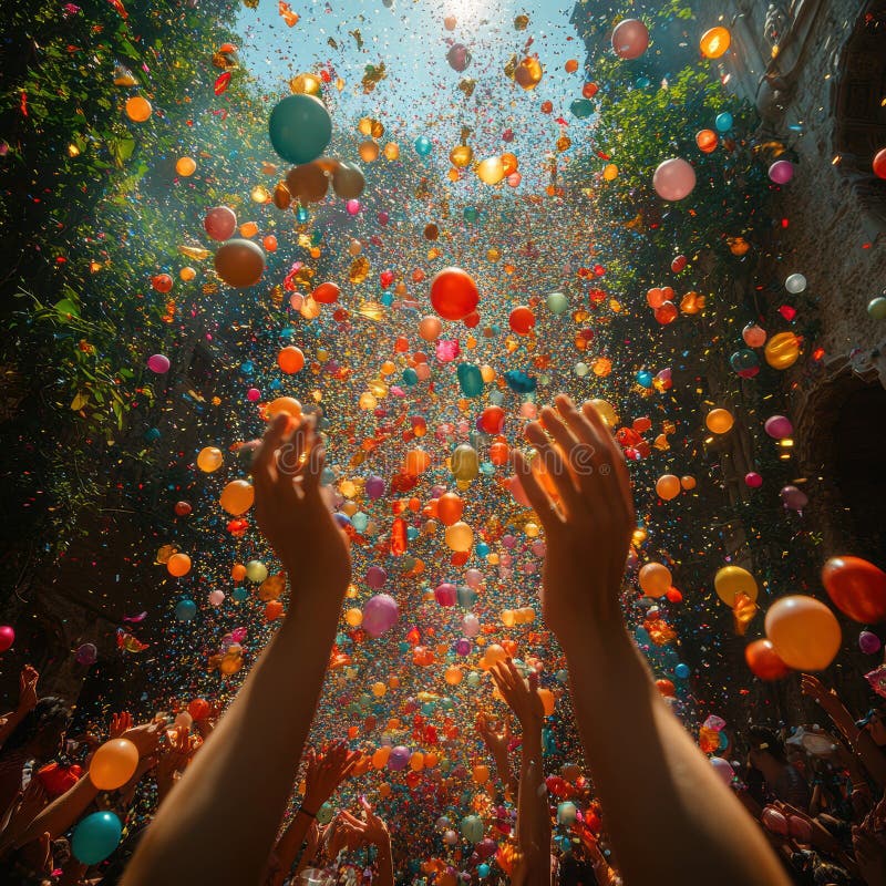 Image of joyous celebration with confetti, showing people catching it mid-air in a vibrant and dynamic setting Suitable stock photography