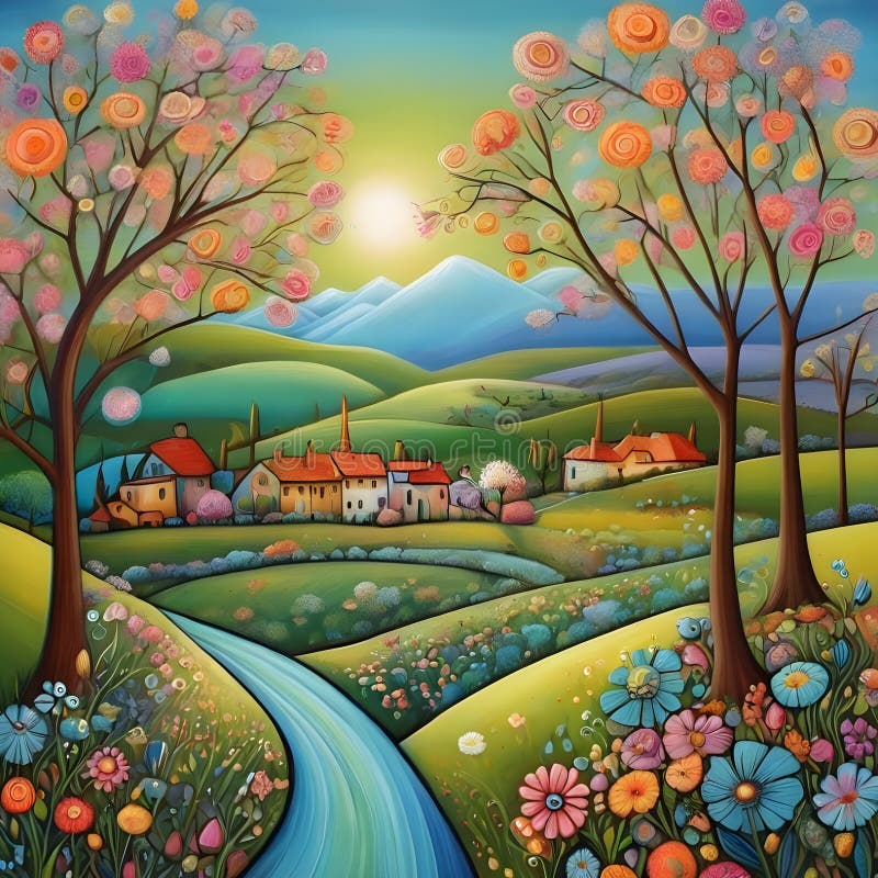 Image of the Karla Gerard Beautiful Painted the Freshness and Renewal of Spring Art Style. Stock
