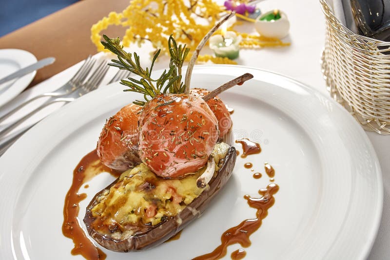 Image of Lamb Chops on a Bed of Vegetables Eggplant Stuffed with Vegetables Stock Image Image