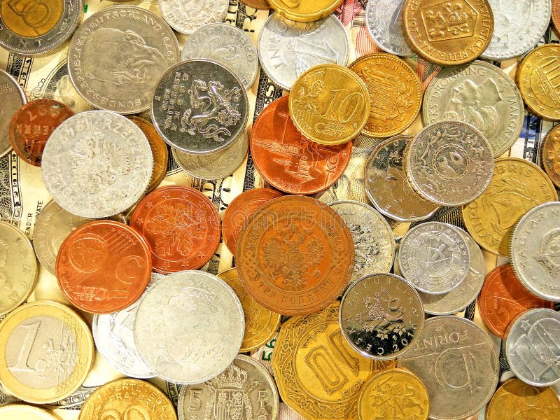 Amount of Old Money Coins of Different Countries on Dollar Background