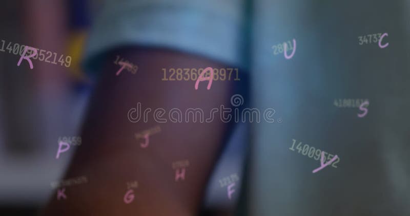 Image of letters and numbers over african american schoolboy stock image