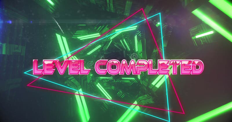Image of level completed text over green moving geometrical shapes vector illustration