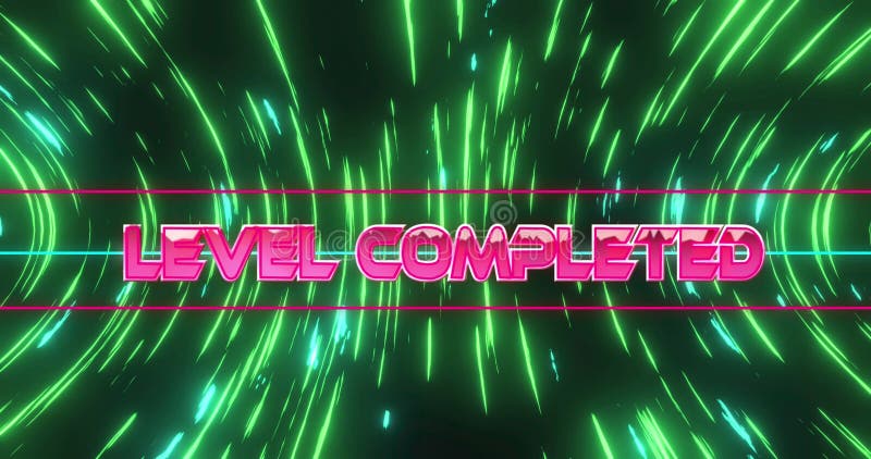 Image of level completed text over green trails of lights vector illustration