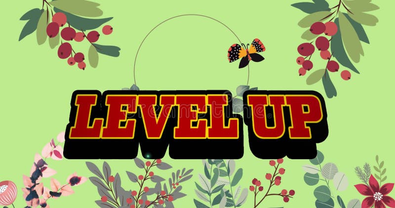 Image of level up in digital abstract space with flower frame vector illustration