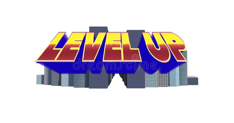 Image of level up text over cityscape on white background vector illustration