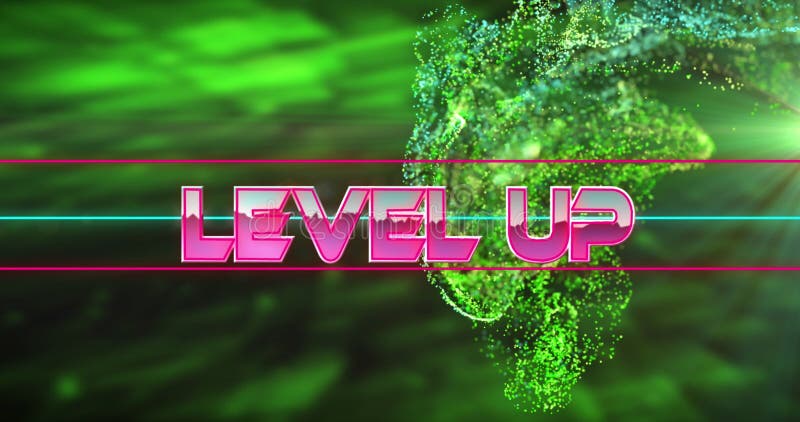 Image of level up text over dynamic waves over abstract background. Digitally generated, hologram, illustration, progress, data, connection, futuristic, image game and technology concept.