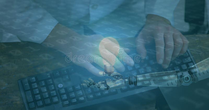 Image of lightbulb over robots arm binary coding and man typing on computer keyboard lizenzfreie stockfotografie