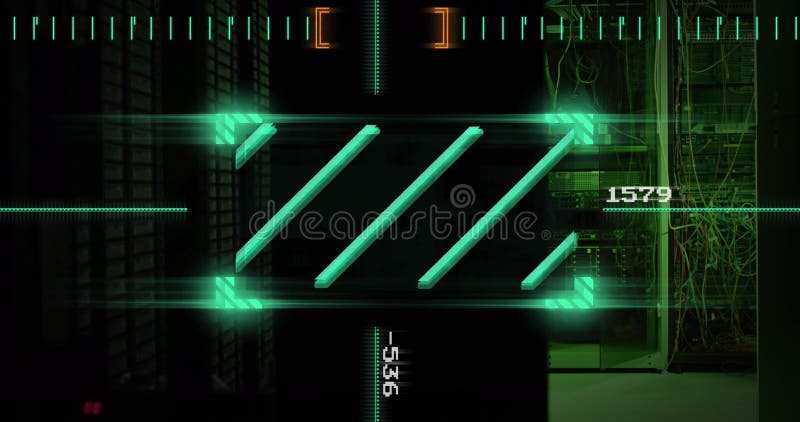 Image of lines in viewfinder with changing numbers over illuminated server rack in server room stock photos