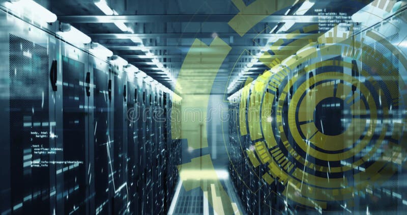 Image of loading circles and computer language over bars on data server racks royalty free illustration