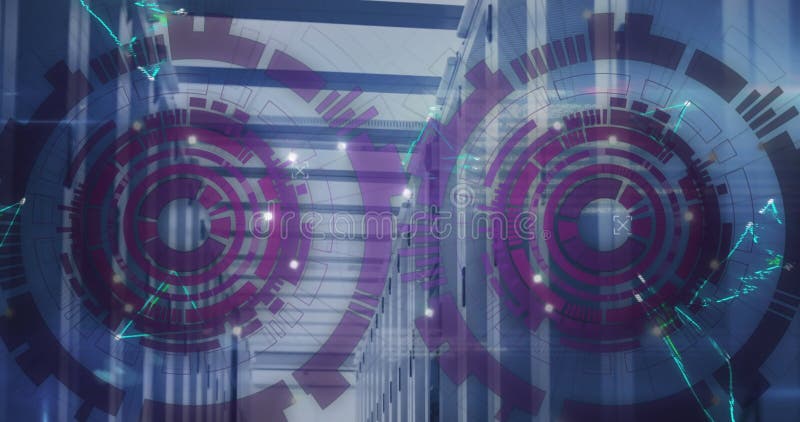 Image of loading circles, connected dots forming triangles over data server room stock illustration