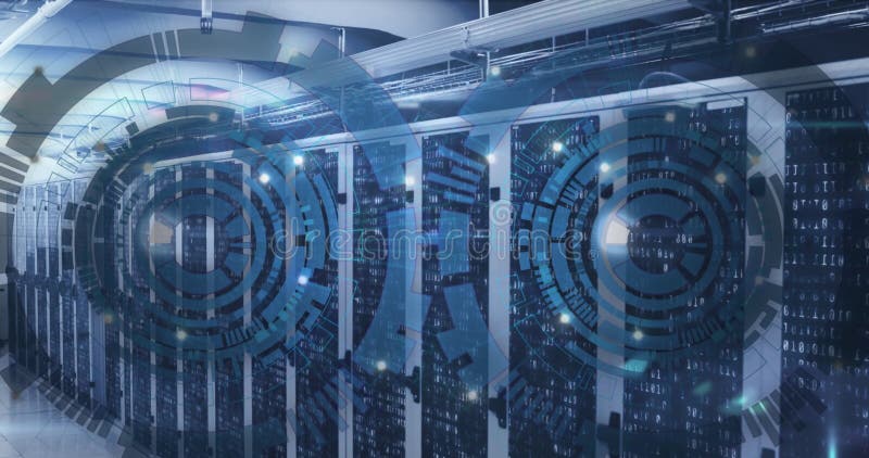 Image of loading circles over binary codes on data server racks in server room royalty free illustration
