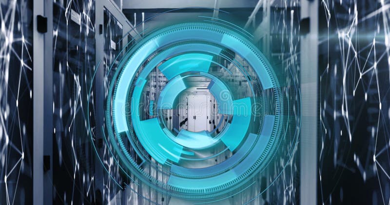 Image of loading circles over connected dots on data server racks in server room vector illustration