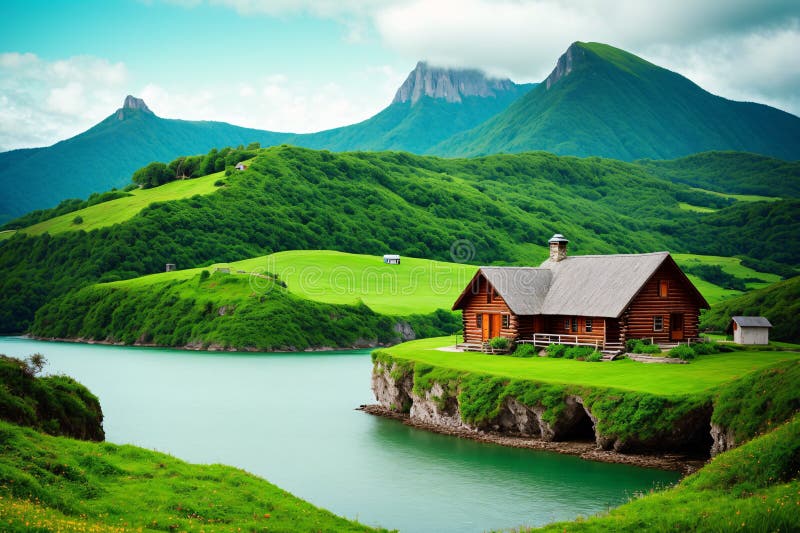 Lonely aged cabin on green seashore with mountains made with Generative AI vector illustration