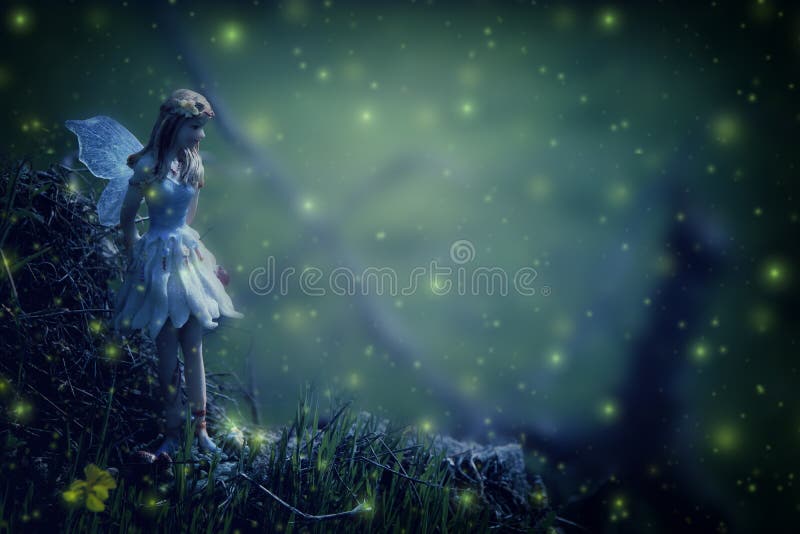 Image of magical little fairy in the night forest.
