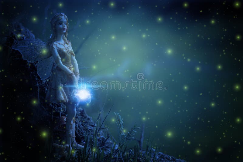 Image of magical little fairy in the night forest.