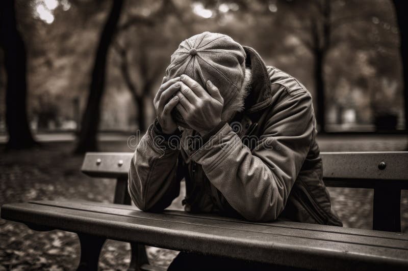 Image of Man Sitting on Park Bench with His Head Down and Hands ...