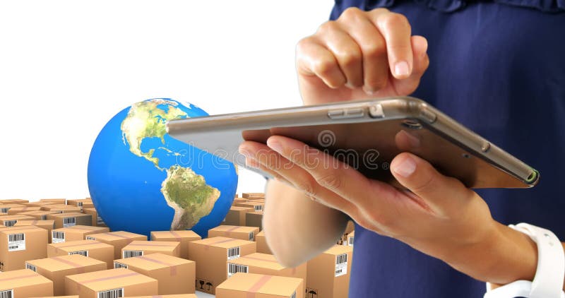 Image of man using tablet with stacks of boxes and globe on white background