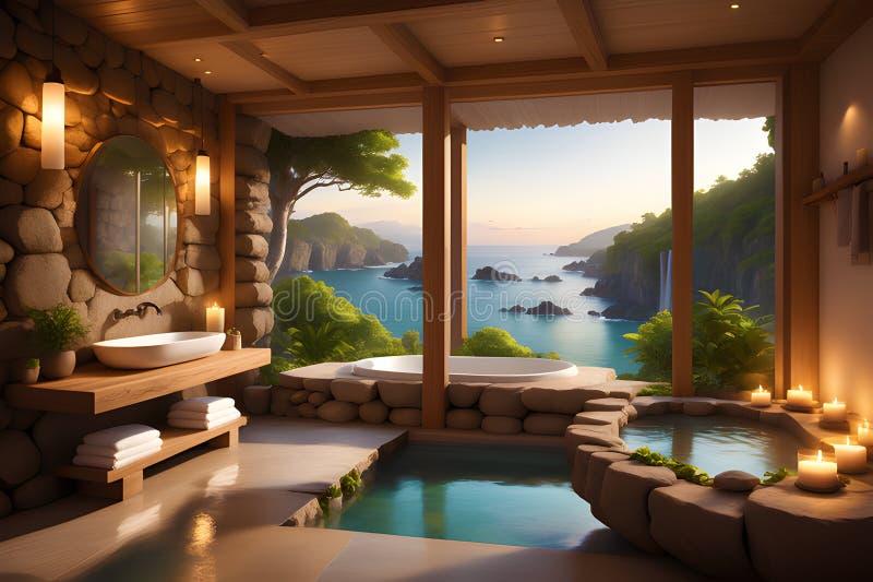 Image portrays a modern bathroom with expansive windows that offer a unique and captivating view of nature stock illustration