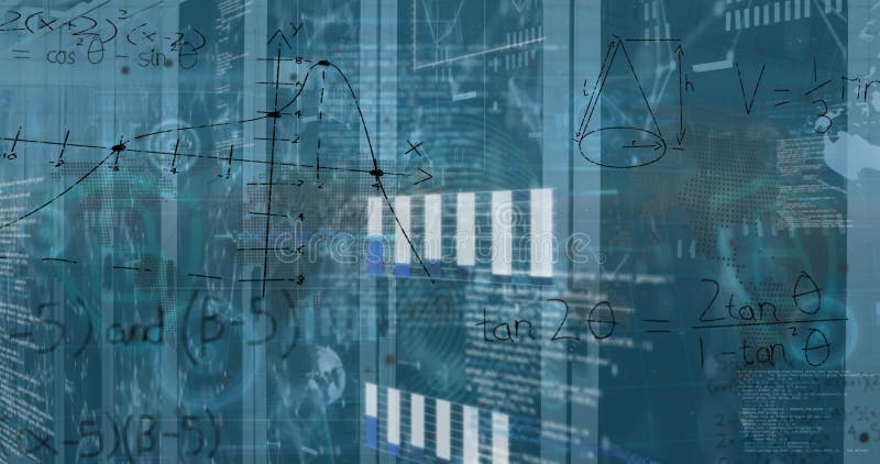 Image of mathematical equations and data processing over server room. Global technology, computing and digital interface concept digitally generated image. Advanced artificial intelligence administration stock images, royalty-free photos and pictures