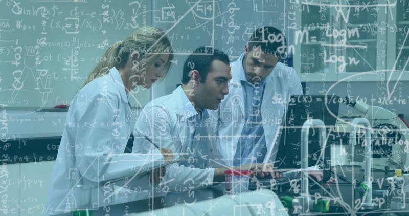 Image of mathematical and scientific formulas over scientists working in laboratory stock photos