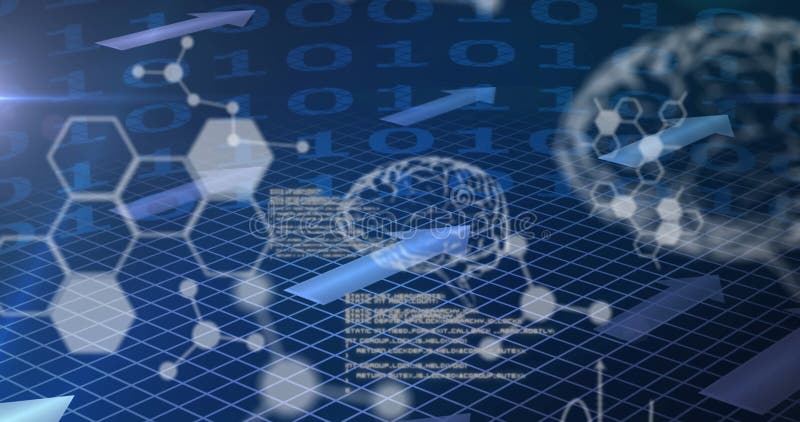 Image of medical data binary coding processing and chemical compound structures global science technology concept digitally illustrazione di stock