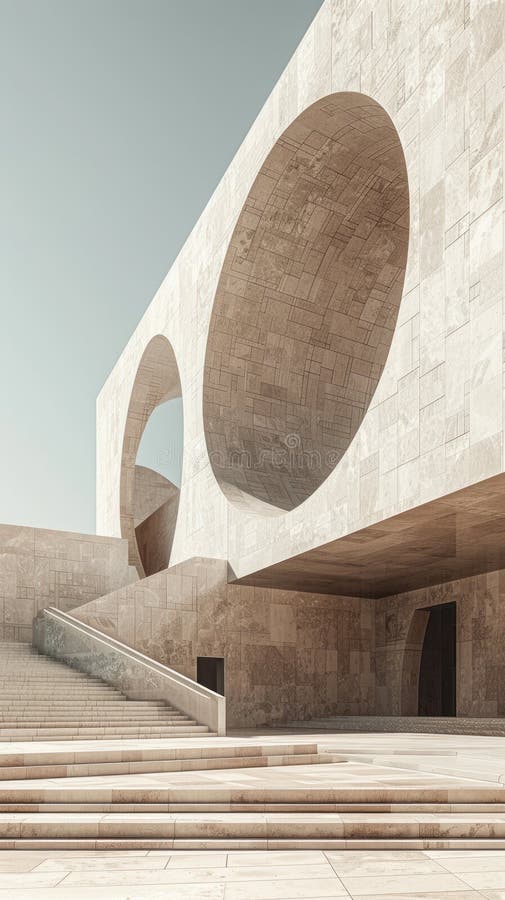 An image of a modern building with a large circular opening in the front royalty free stock photos