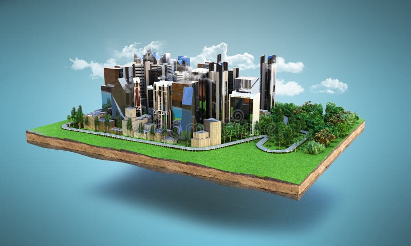 Image of a modern city surrounded by nature landscape 3d render