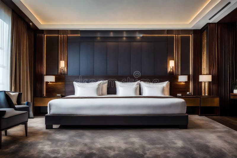 An image of a modern five star hotel master bedroom with a king size double bed. royalty free illustration